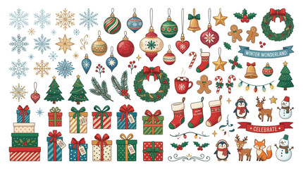 Fototapeta premium A delightful vector collection for winter celebrations, showcasing festive decorations, charming characters, and seasonal design elements.