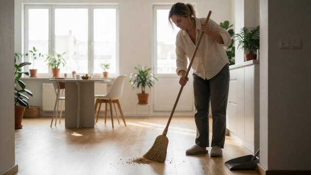 Eine Frau kehrt den Holzboden ihrer Wohnung und sammelt dabei Kr&uuml;mel und Staub zusammen. Die helle, moderne Wohnung vermittelt eine typische Alltagssituation beim Putzen.