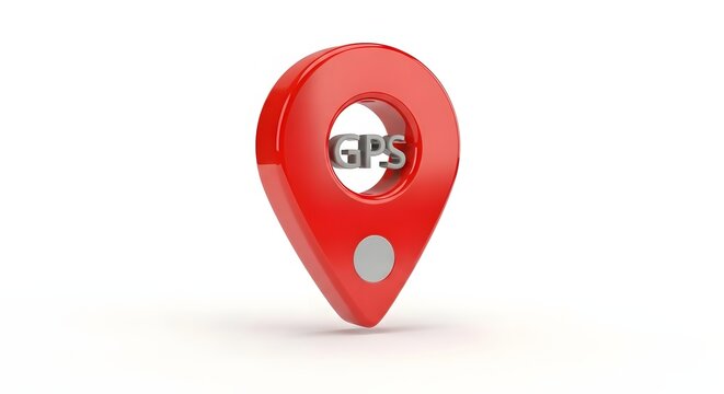 Red GPS map pin icon, glossy 3D location marker with silver text, navigation pointer for travel and logistics apps