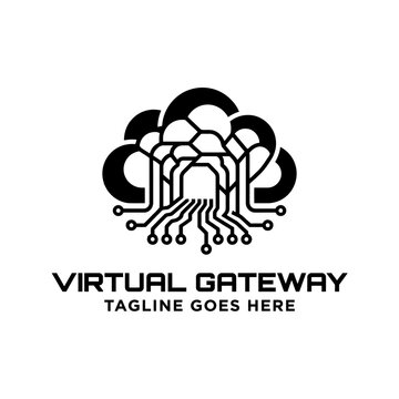 Virtual gateway logo with cloud and circuit board connection path.