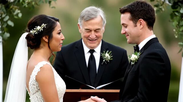 A bride and groom share a loving moment during their wedding ceremony. An officiant looks at them with a smile