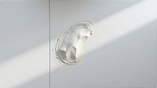 White wall shows damage. Hole creates shadow, texture visible. Minimalist aesthetic, stark contrast present. Simple composition.