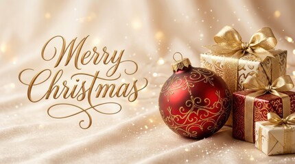 Obraz premium Elegant Merry Christmas greeting with festive ornaments and gift boxes
