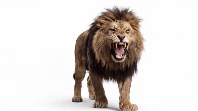 Lion roar with an impressive mane stands proudly, facing forward, isolated on a white background. The powerful expression highlights the king of the jungle. Image made using Generative AI.