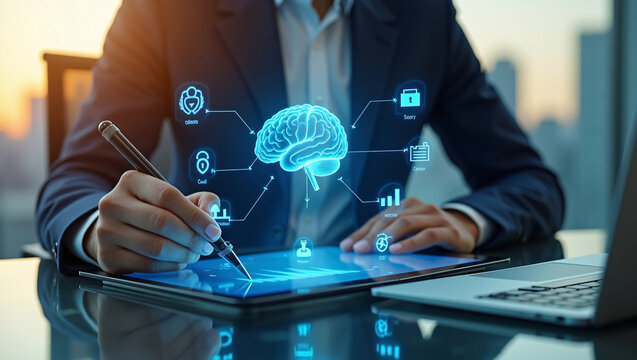 Businessman writes on tablet, glowing blue hologram brain linked to digital icons, sunset city office backdrop.