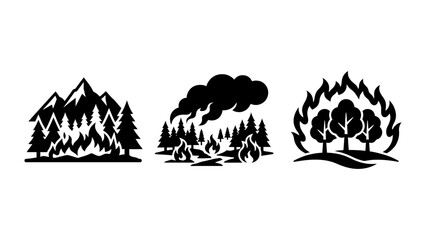 Fototapeta premium Collection depicting forest fires, showing flames consuming mountain trees, burning woodland with smoke, burning trees