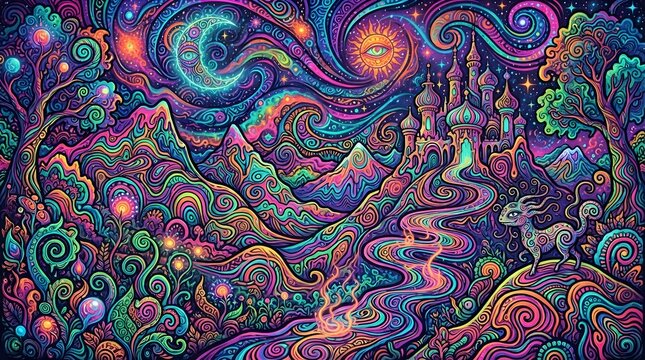 abstract colorful background, psychedelic illustration of a surreal fantasy landscape.