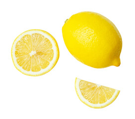 Obraz premium Top view set of ripe yellow lemon fruit with circle slice and quarter slice isolated with clipping path in png file format