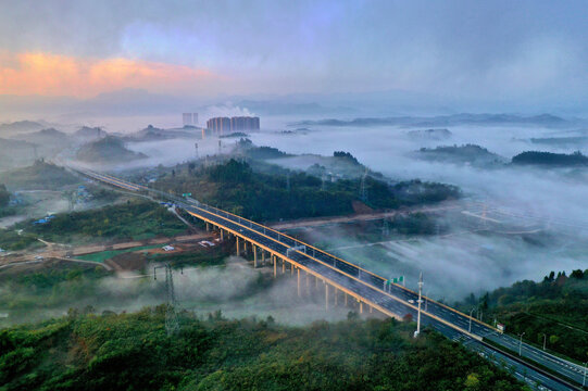 Yichang Highway Bridge Over Misty Valleys at Dawn