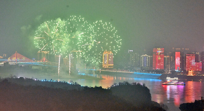 Yichang Night Fireworks and City Lights Show Over Yangtze River
