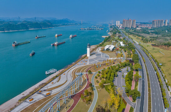 Yichang Yangtze River Port Aerial View with Shipping and Lighthouse