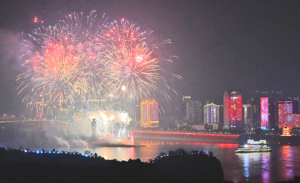 Fireworks Over Yangtze River, Yichang China at Night