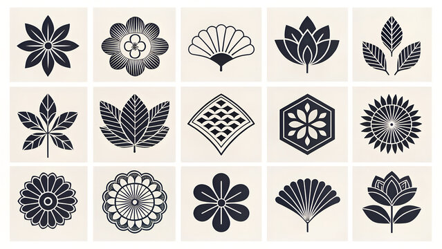 Collection of fifteen distinct Japanese kamon style floral and botanical vector icons