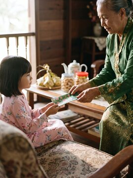 Grandmother giving Hari Raya money packet to granddaughter on sofa