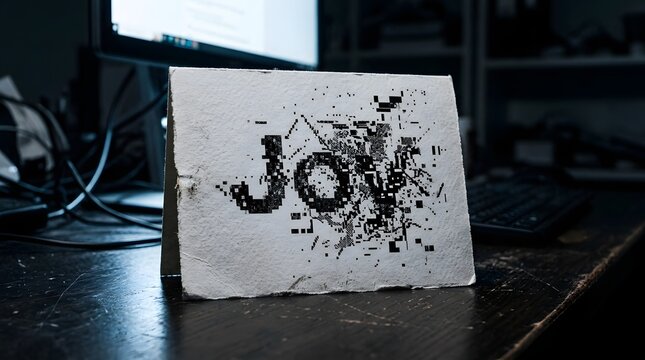 Glitched pixelated greeting card on a dark office desk illustrating toxic positivity and forced corporate culture in the workplace