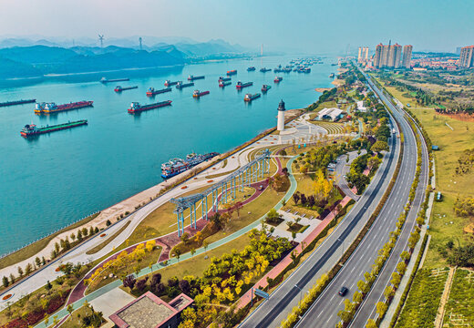 Yichang Riverside Park Aerial View with Ships and City Skyline
