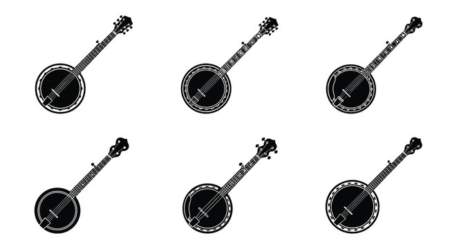 Black vector silhouettes of banjos in various positions and orientations
