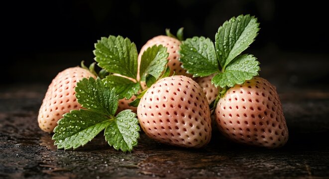 White Strawberries with Fresh Green Leaves