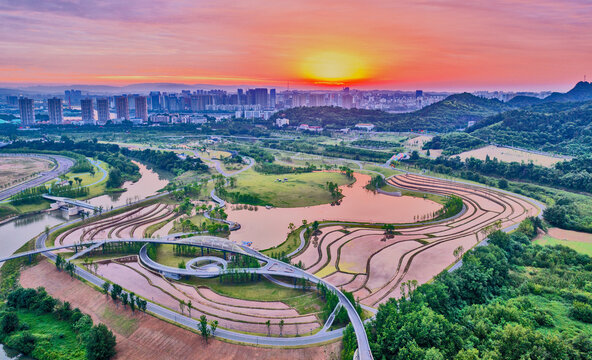Yichang Ecological Park at Sunset - Aerial Wetland Landscape with River and City
