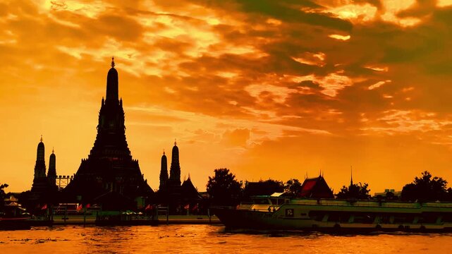  Silhouette of Wat Arun during a dramatic golden sunset over the Chao Phraya River in Bangkok, Thailand. Majestic temple structure framed by vibrant orange clouds and serene waters.