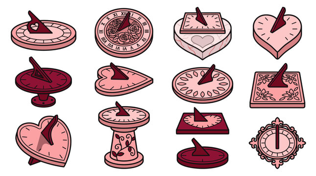 Vintage Sundial Icon Set Vector Illustration - Heart Rose Floral Engraved Garden Sundial Solar Clock Timepiece Icons