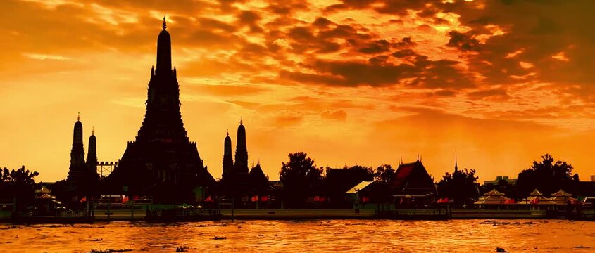  Silhouette of Wat Arun during a dramatic golden sunset over the Chao Phraya River in Bangkok, Thailand. Majestic temple structure framed by vibrant orange clouds and serene waters.