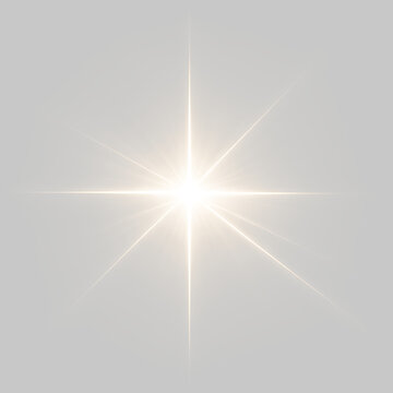 Brilliant star flash effect. White and golden optical starburst with glowing rays on transparent png background. Soft glow PNG, sunlight with lens flare effect.