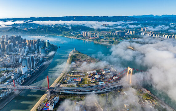 Yichang Cityscape and Yangtze River Aerial View with Morning Mist
