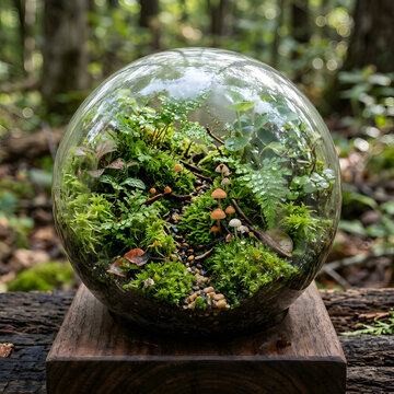 Spherical glass terrarium with detailed moss layers, ferns, and tiny mushrooms resting on a dark wood block
