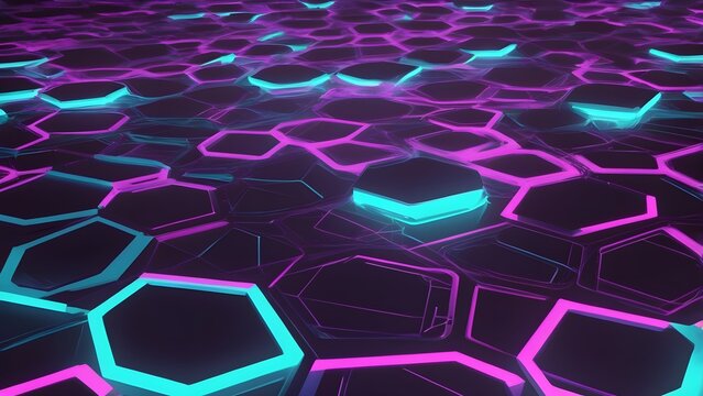Futuristic neon glowing hexagonal grid background. Abstract cyber technology concept with vibrant blue and magenta lights.