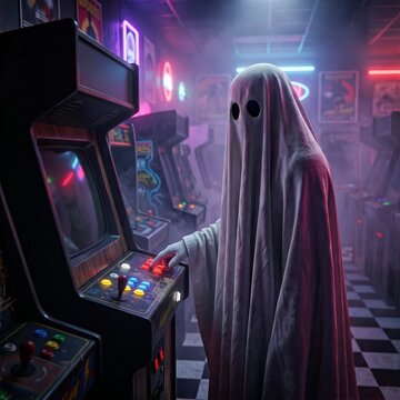 A ghostly figure plays arcade games in a neon-lit retro arcade. Concept of Halloween, retro gaming, and spooky ambiance suitable for themed marketing and creative projects. Generative AI.