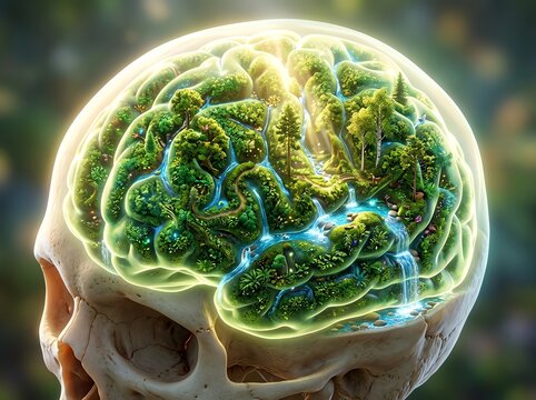 Human skull containing a miniature lush green forest ecosystem with flowing waterfalls, glowing ethereal lighting, surreal digital art, conceptual mental health theme.