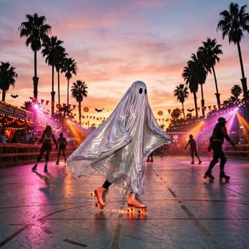 A person in a shiny silver ghost costume roller skates at a retro disco under a sunset sky. Concept reflects a fun and spooky Halloween atmosphere, ideal for themes of celebration. Generative AI.