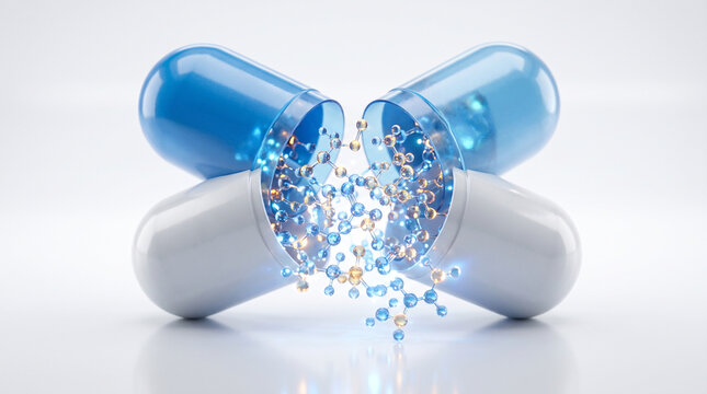 Two Pharmaceutical Capsules Opening with Glowing Molecule Structure, Drug Development and Medical Innovation Concept.