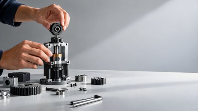 Hands assembling mechanical gear parts on a workbench with tools