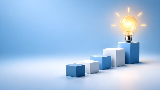 Light bulb on top of ascending steps symbolizing success and ideas