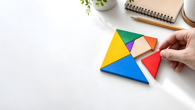 Person arranging colorful tangram puzzle pieces on a light table