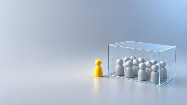Yellow figure standing outside clear box with gray people inside
