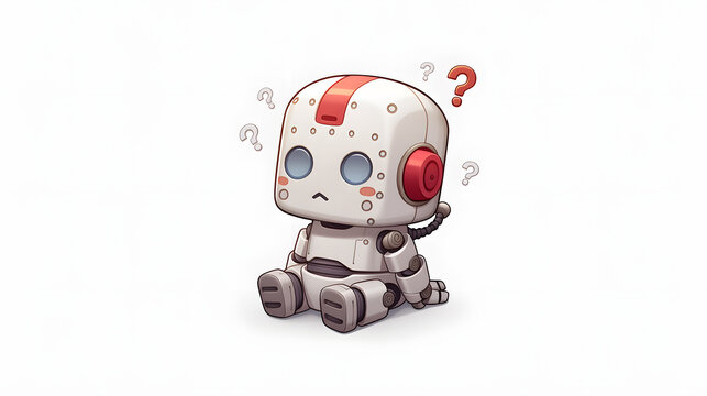 Confused cute AI robot sitting with question marks, artificial intelligence problem solving and error concept.