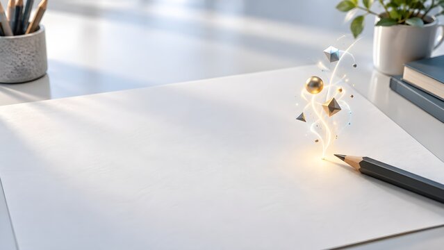 Pencil creating geometric shapes on a clean desk with stationery