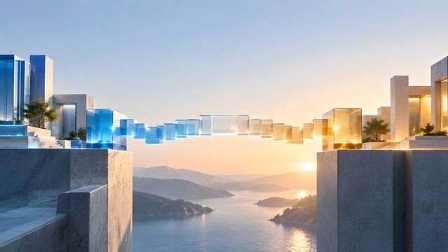 Modern city skyline with tall buildings at sunset over waterfront