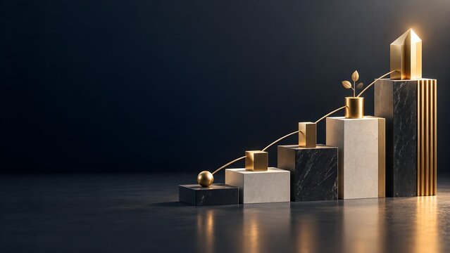 Golden growth blocks with upward path and small plant on top