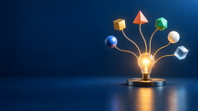 Creative lightbulb with glowing wires and colorful geometric shapes