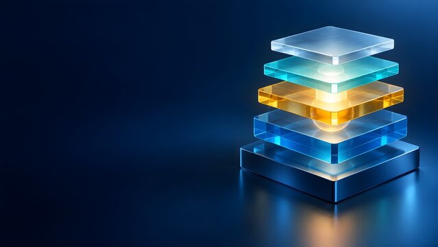 Stacked glowing futuristic panels with transparent layers on dark background