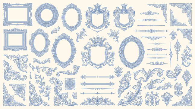 Victorian floral frame featuring Baroque engraving, ornate scrollwork, filigree, leaves, and shield