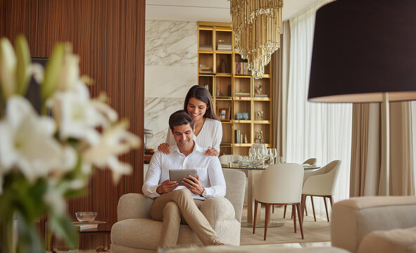 Indoor, full shot of a young adult couple in a lounge with laptop 