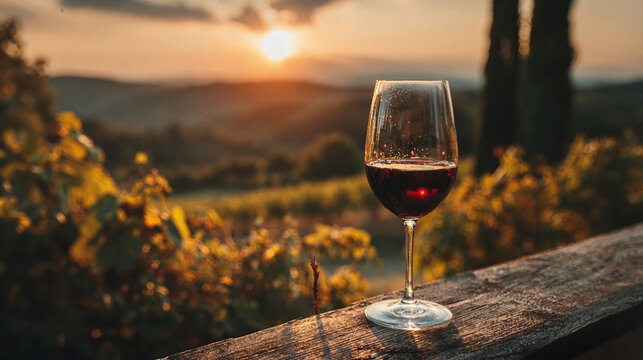 Glass of red wine at sunset overlooking vineyards in Tuscany
