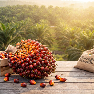 Palm oil fruit bunch sits on a rustic wooden table against a lush plantation bathed in warm sunlight.