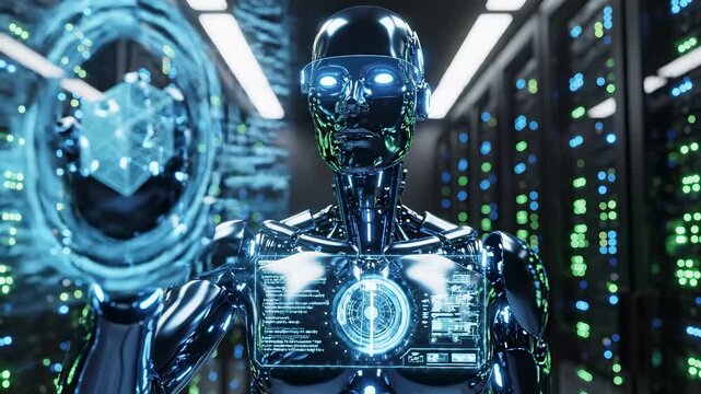 A metallic android stands in a server room and manipulates a floating holographic user interface. The clip features glossy reflections on the robot's surface and a shallow depth of field.