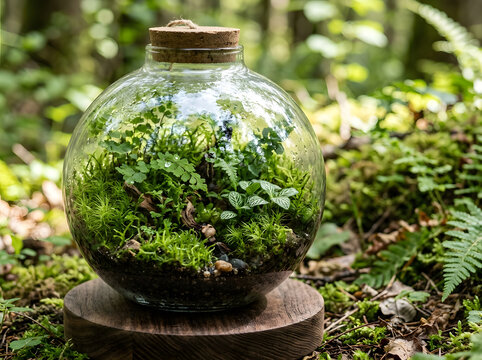 Round glass terrarium filled with vibrant moss, ferns, and tiny wild mushrooms set in a natural forest